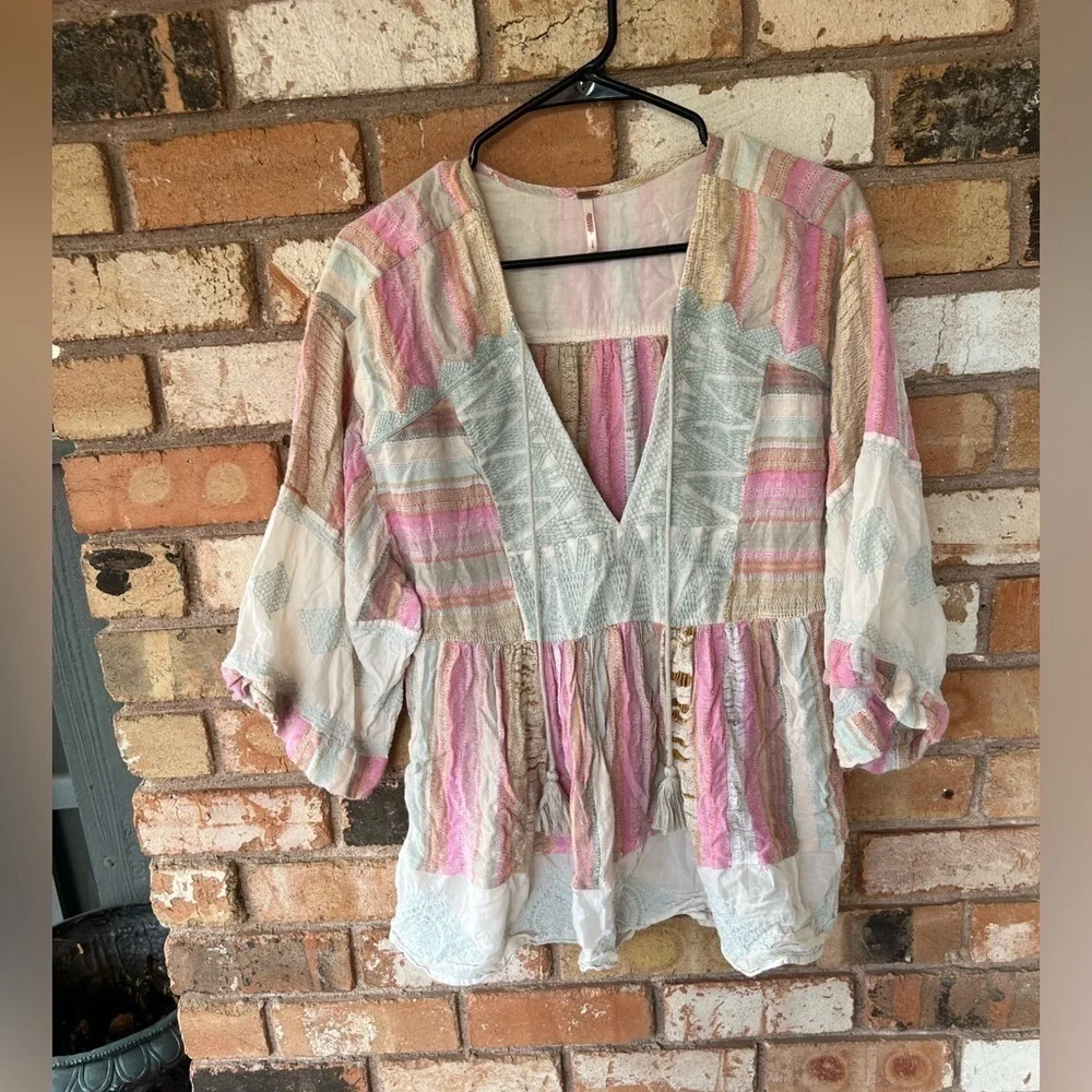 Free People  boho Spring  Embroidered colorful Fun striped Tunic Top RARE!